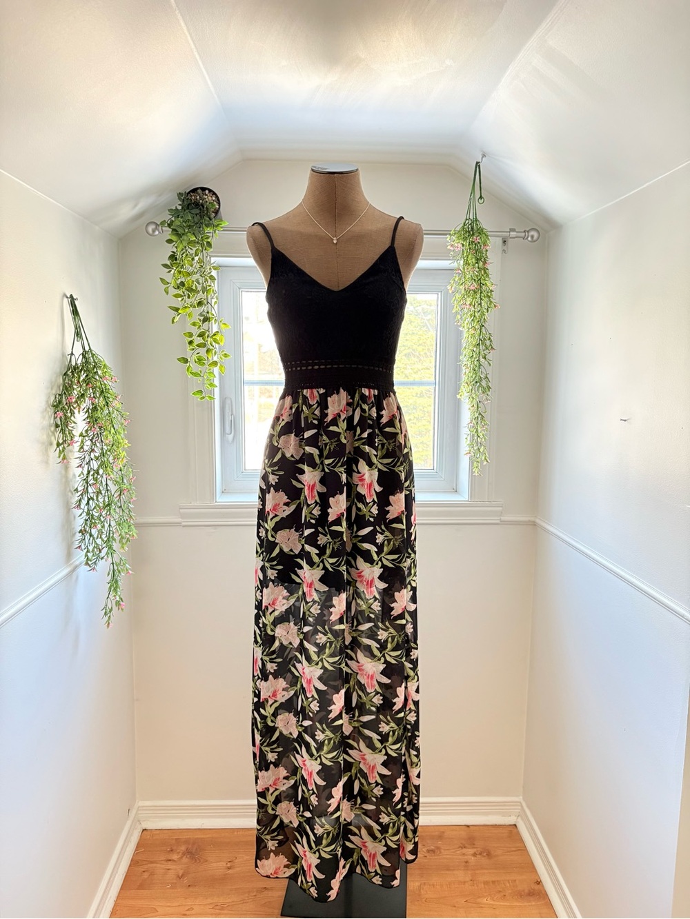 Black Floral Maxi Dress with Lace Bodice